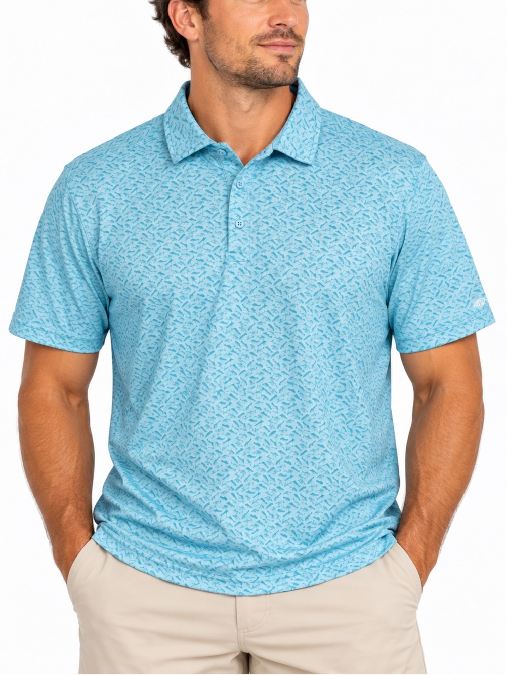 AFTCO Men’s XXL Fish Print Performance Polo Shirt Aqua Blue Recycled Stretch